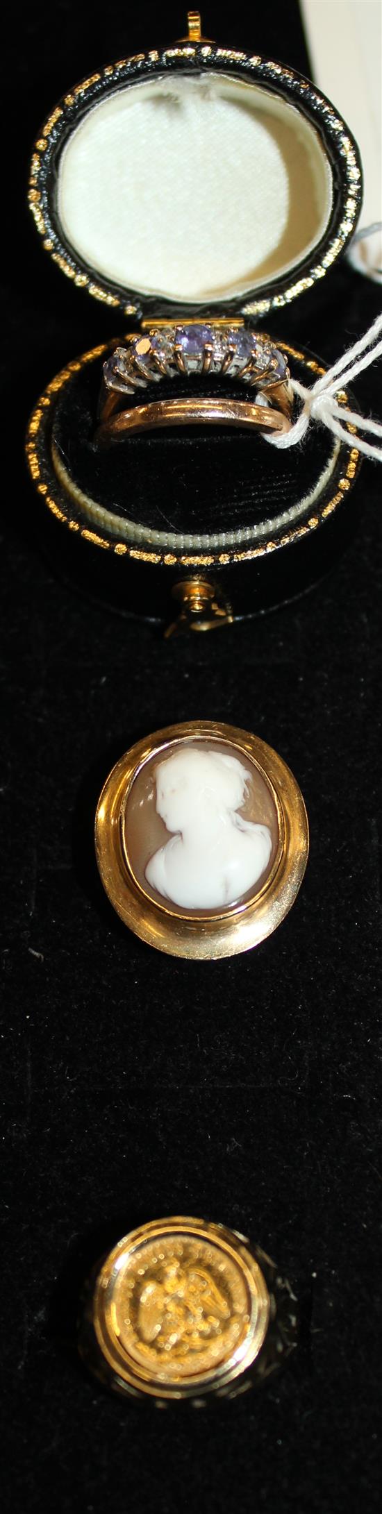 Cameo and gold ring, a 9ct gold band, an amethyst and white stone ring and a gold 2 peso set ring